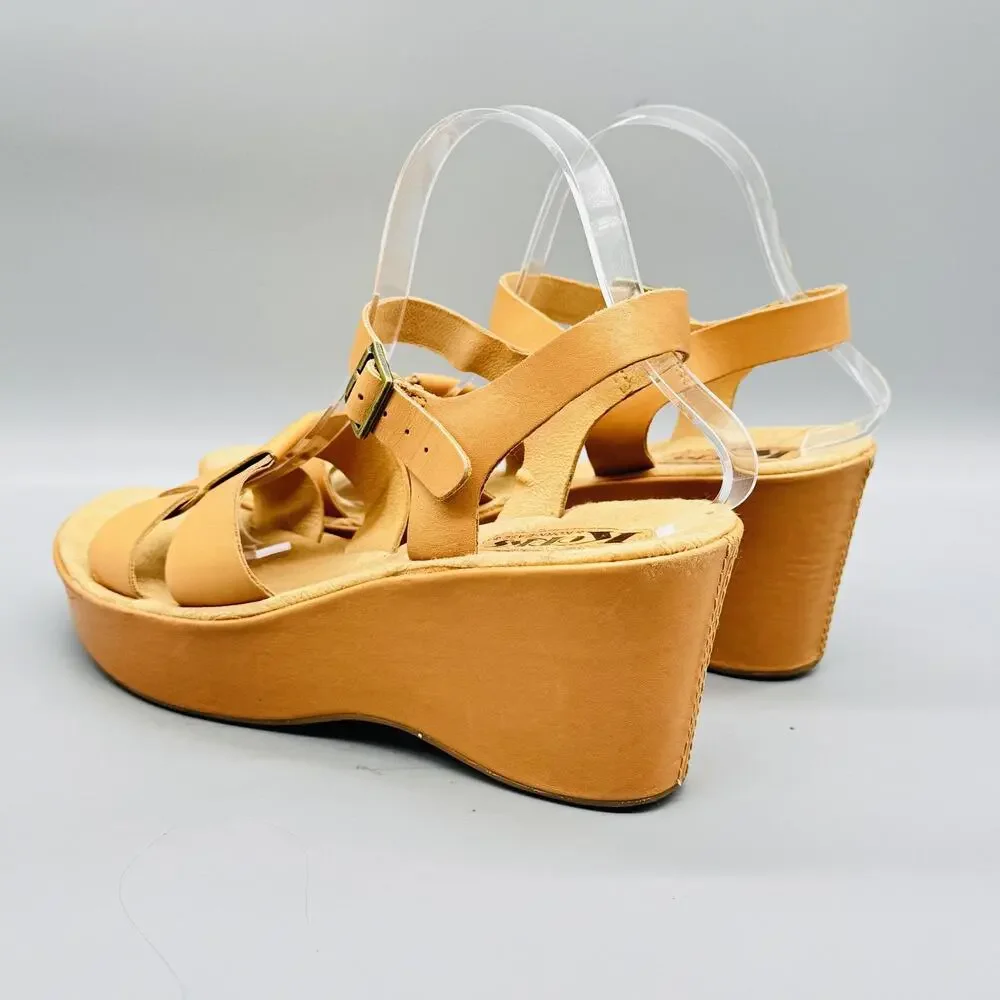 Korks Sandals Womens 10 Brown Leather Strappy Ankle Strap Platform Wedge Shoes
